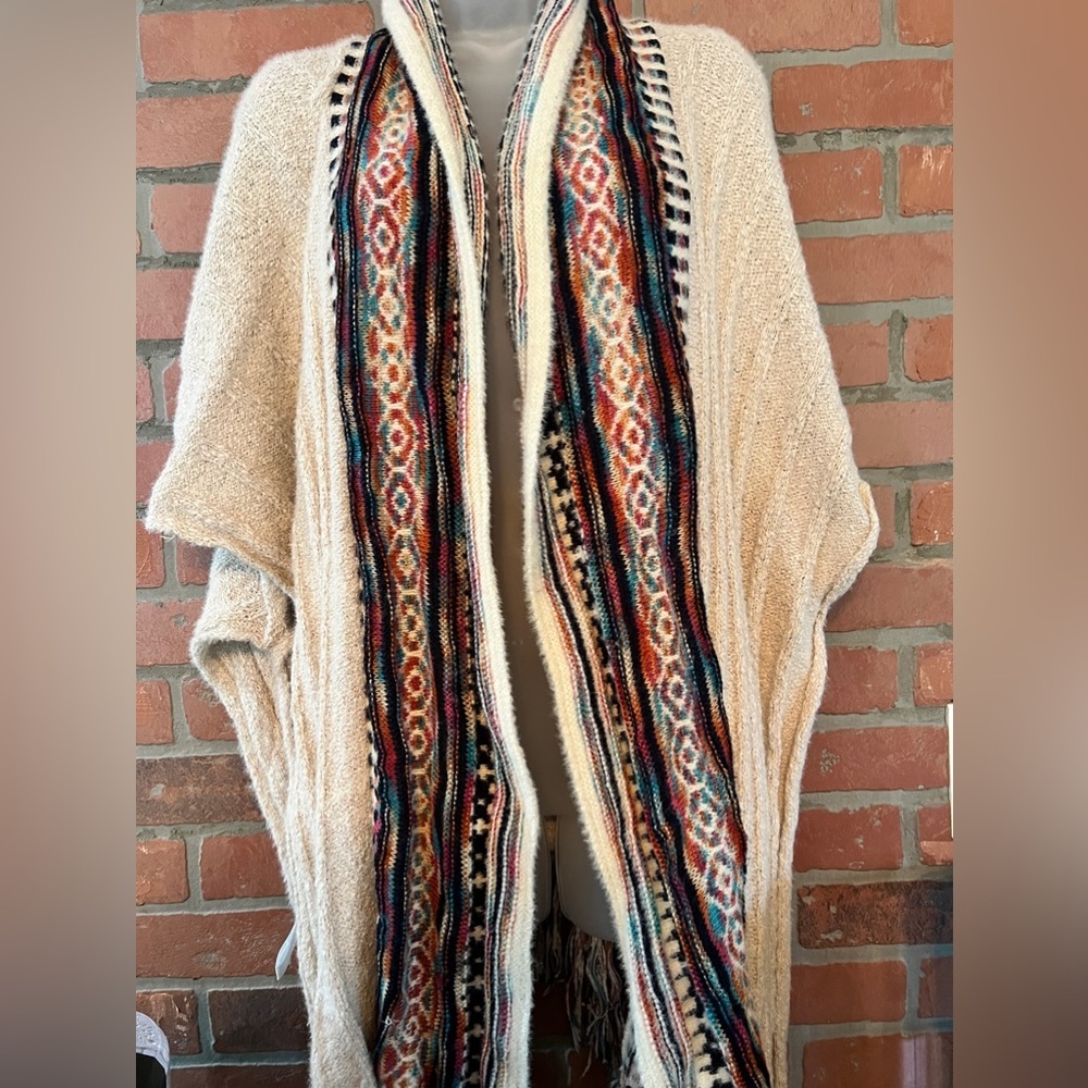 Cream Open-Front Knit Cardigan with Multicolor Aztec Trim